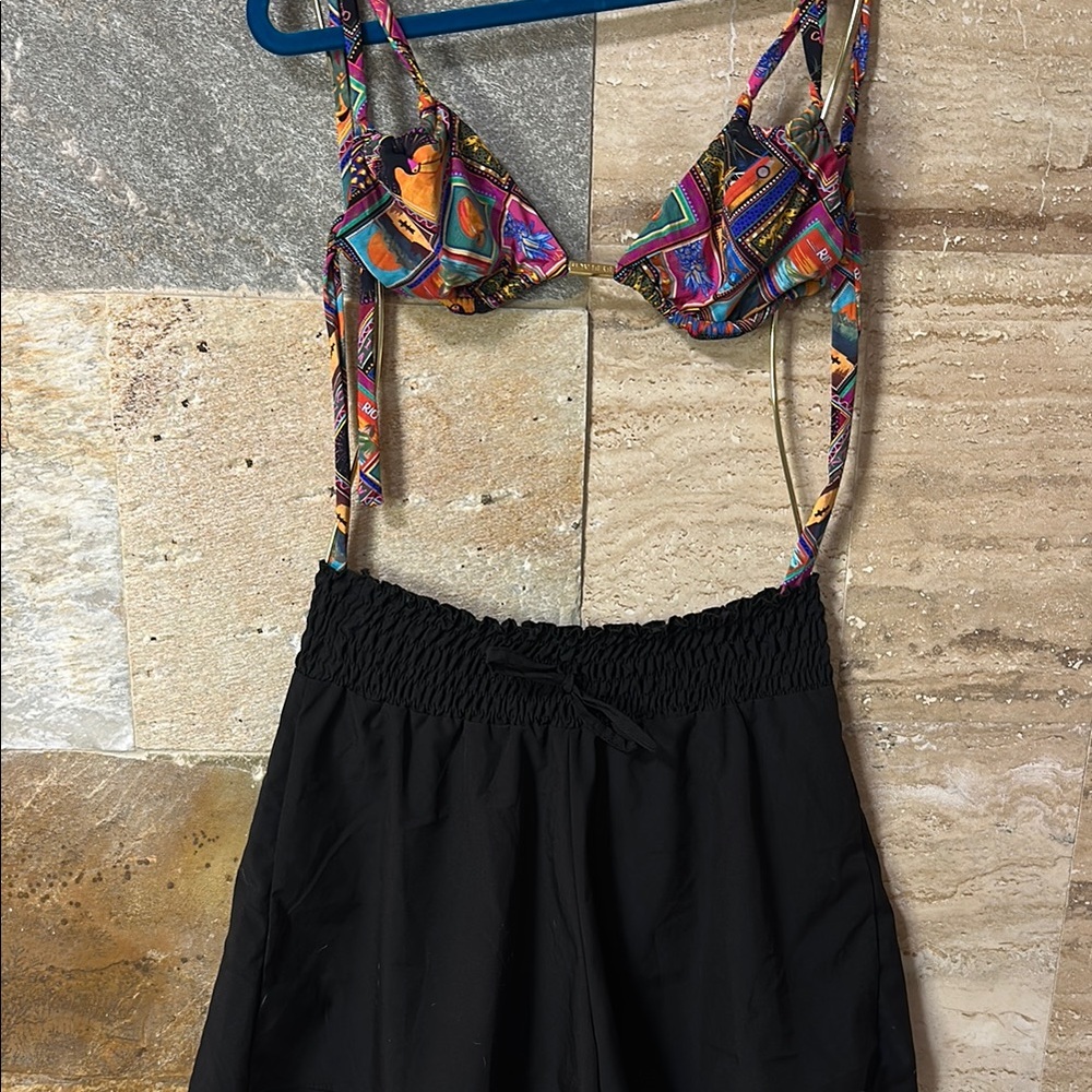 Colorful Bikini Top and Black Shorts Set